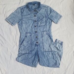 MUST GO Light Blue Divided Chambray Collared Button Jogger Jumpsuit Boiler Suit